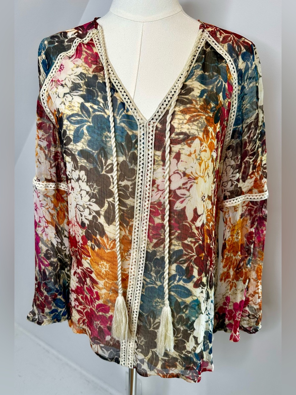 Sundance Floral Bell Sleeve Tassel Boho Blouse Small